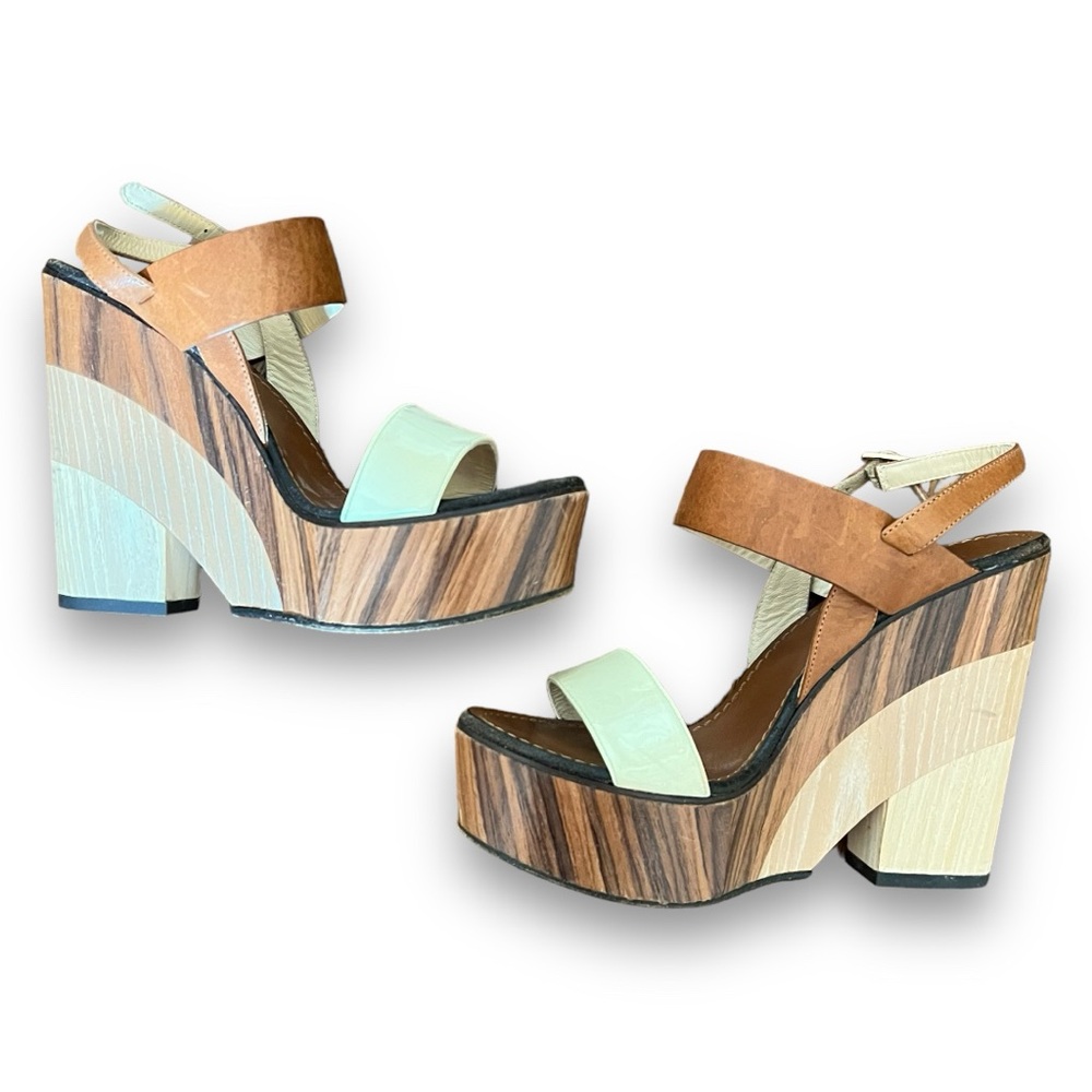 Jimmy Choo Brown and Cream Colorblock Wooden Wedge Heels